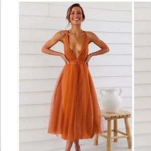 Rust tulle midi dress
